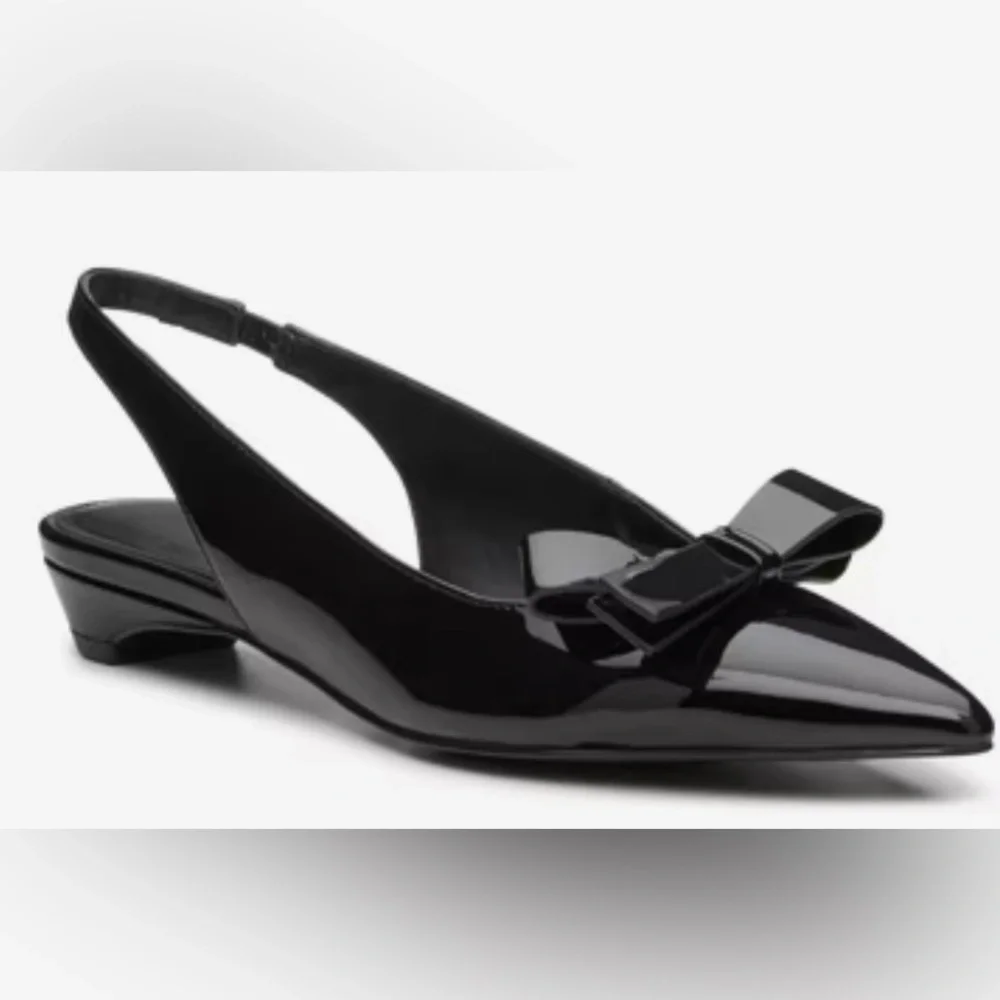 Marc Fisher Black Patent Pointed Toe Slingback Flats with Bow - Picture 1 of 13